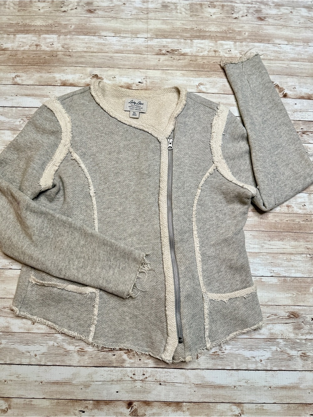 Lucky Brand Light Gray Frayed Zip-Front Jacket